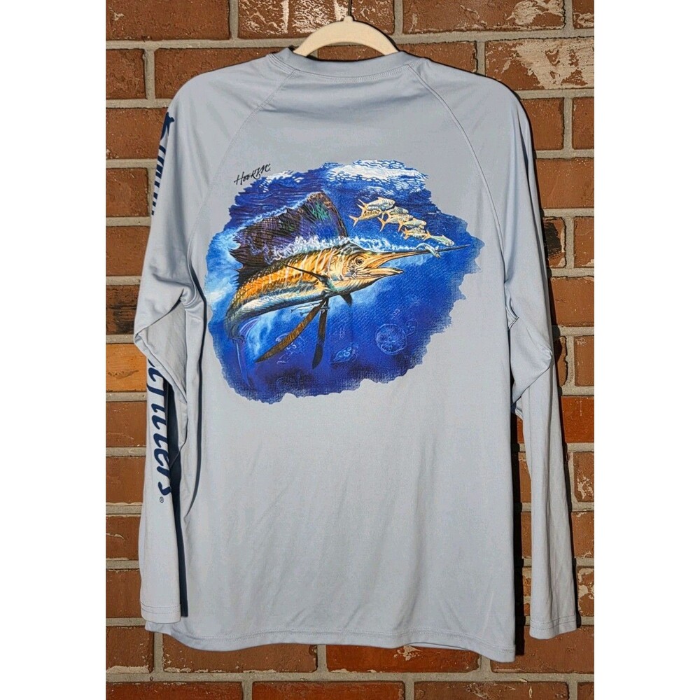 Bimini Bay Sz M Outfitters HOOK'M Performance BLUE Solarguard‎ UV LS Shirt